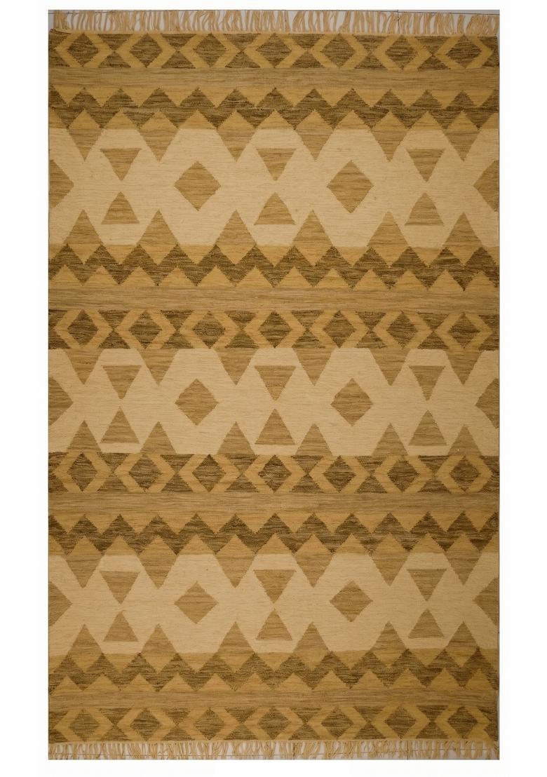 Saffron Rugs Flat Woven Golden Tan Geometric Bohemian Rectangular Wool Area Rug - Indya