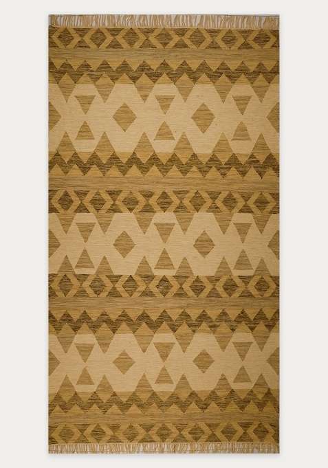 100% Wool Handmade Golden Tan Rug | Bohemian Geometric Flat Weave Reversible Carpet For Living Room