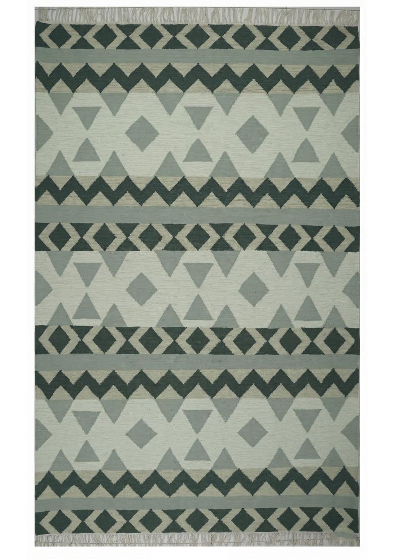 Saffron Rugs Flat Woven Grey Green Geometric Bohemian Rectangular Wool Area Rug - Indya