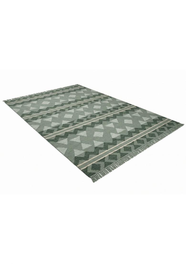 Saffron Rugs Flat Woven Grey Green Geometric Bohemian Rectangular Wool Area Rug - Indya