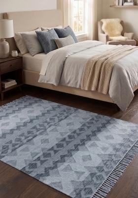 Saffron Rugs Flat Woven Light Blue Grey Geometric Bohemian Rectangular Wool Area Rug