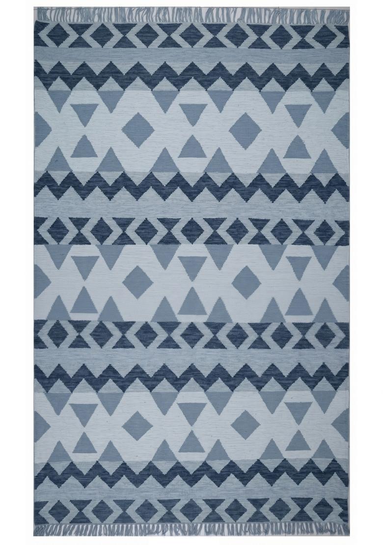Saffron Rugs Flat Woven Light Blue Grey Geometric Bohemian Rectangular Wool Area Rug - Indya