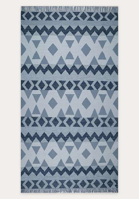 100% Wool Handmade Light Blue Grey Rug | Bohemian Geometric Flat Weave Reversible Carpet For Living Room