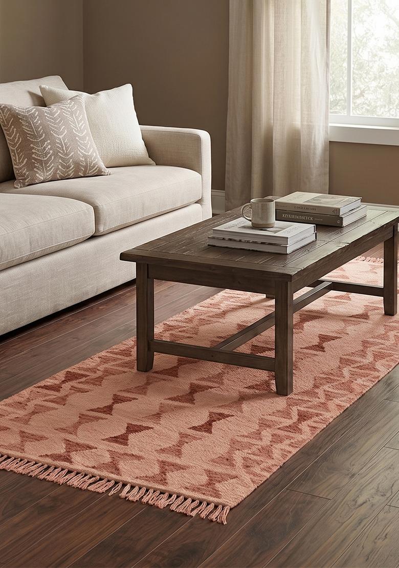 Saffron Rugs Flat Woven Blush Pink  Bohemian Rectangular Wool Area Rug - Indya