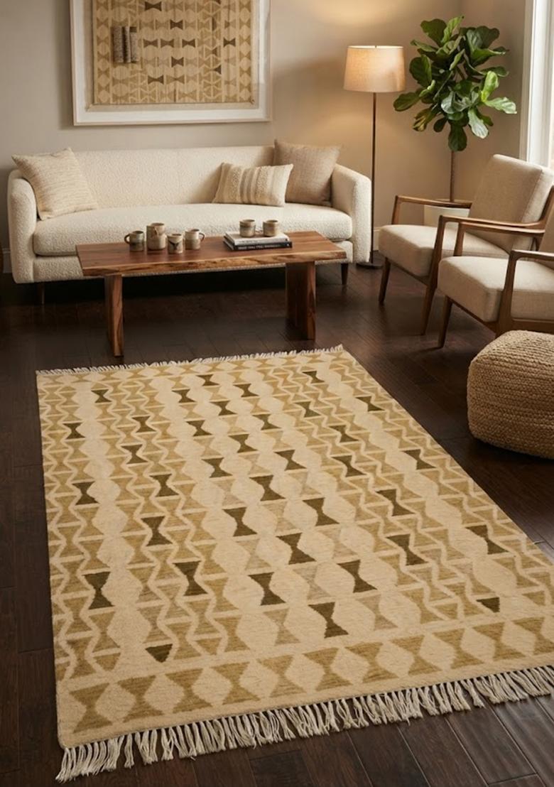 Saffron Rugs Flat Woven Beige  Bohemian Rectangular Wool Area Rug - Indya