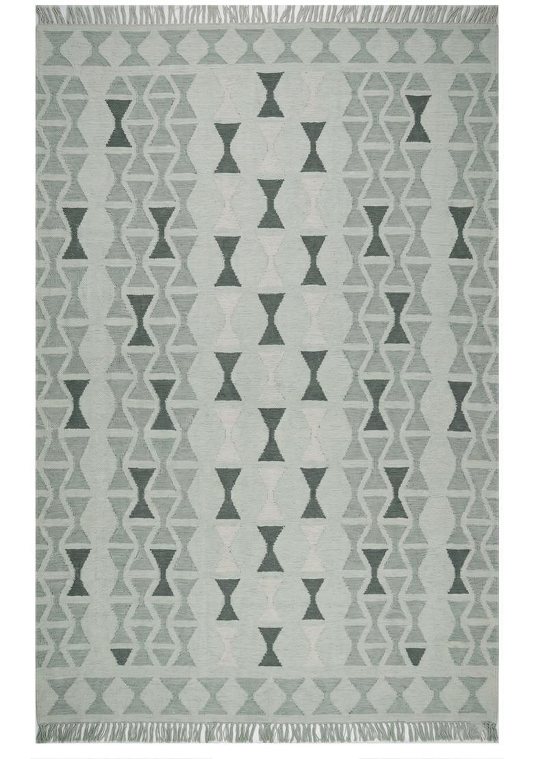 Saffron Rugs Flat Woven Sage Green  Bohemian Rectangular Wool Area Rug - Indya
