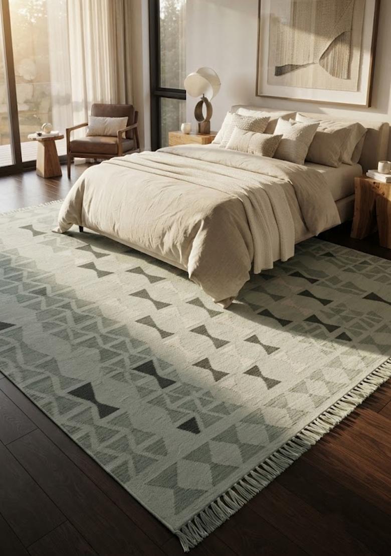 Saffron Rugs Flat Woven Sage Green  Bohemian Rectangular Wool Area Rug - Indya