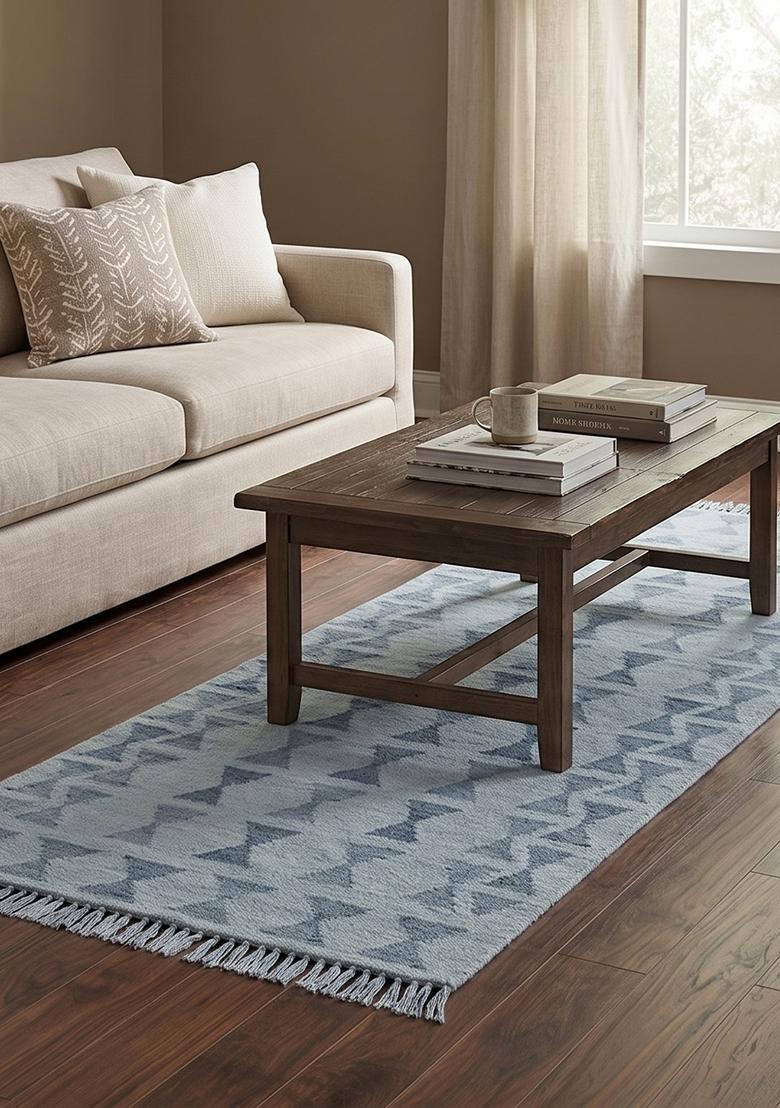 Saffron Rugs Flat Woven Light Blue  Bohemian Rectangular Wool Area Rug - Indya