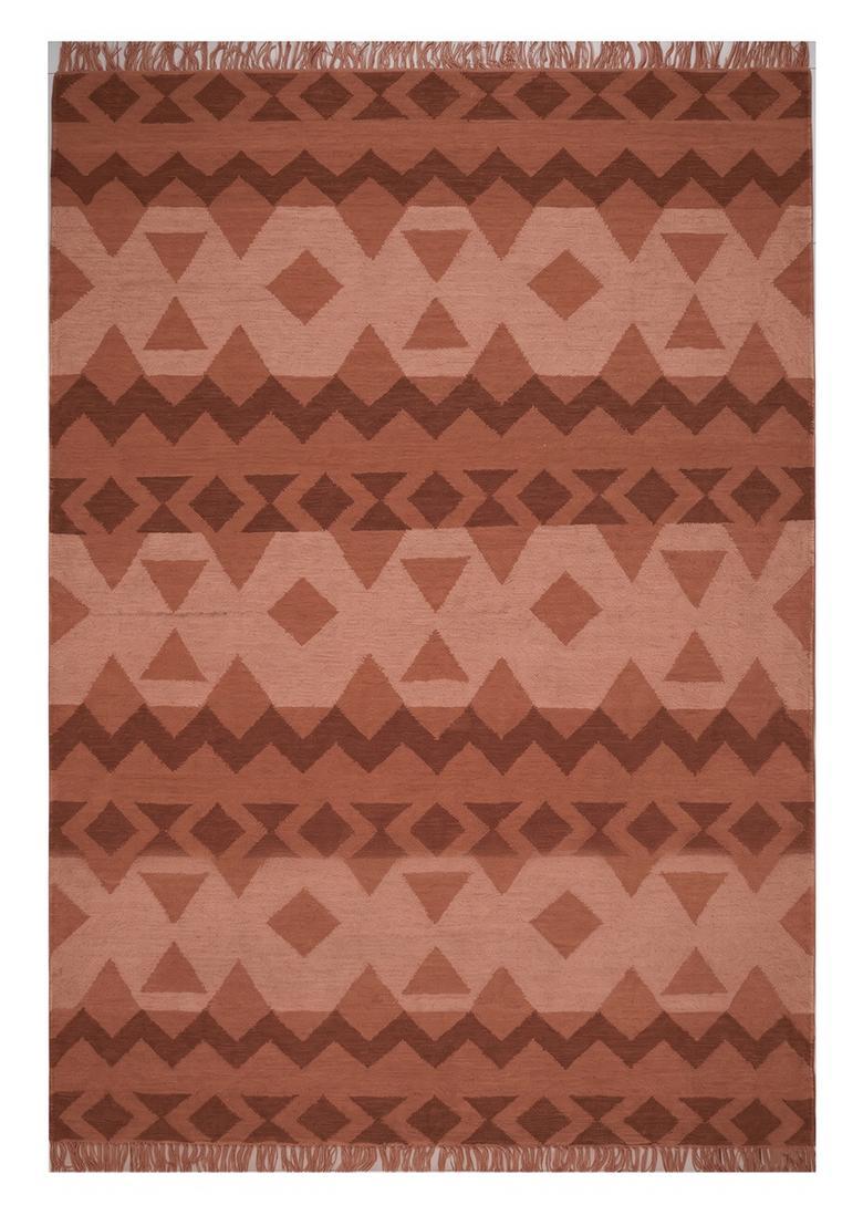 Saffron Rugs Flat Woven Terracotta Rust  Bohemian Rectangular Wool Area Rug - Indya