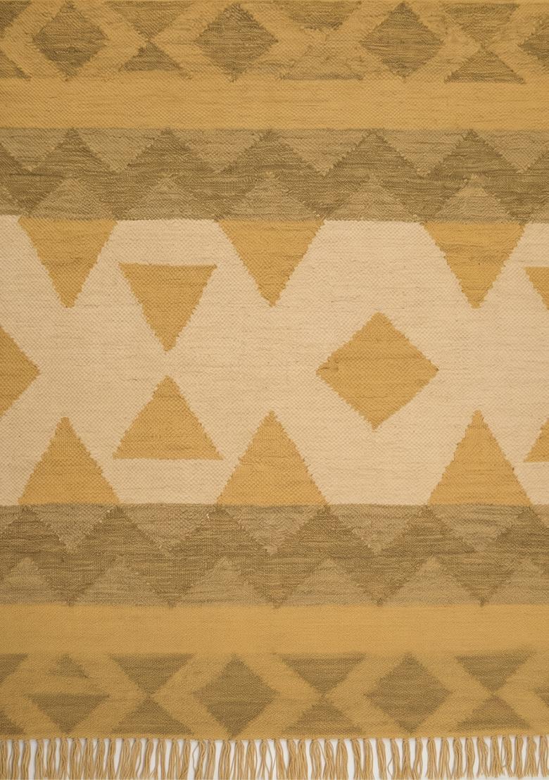Saffron Rugs Flat Woven Mustard Yellow  Bohemian Rectangular Wool Area Rug - Indya