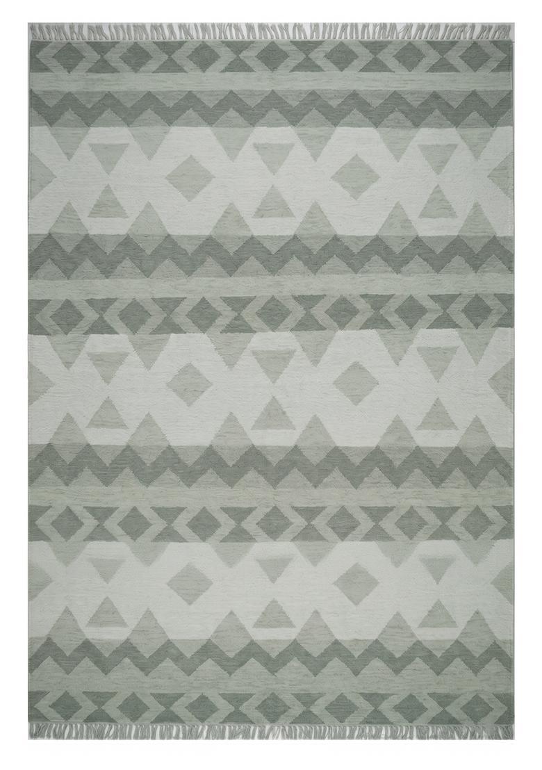 Saffron Rugs Flat Woven Sage Green  Bohemian Rectangular Wool Area Rug - Indya