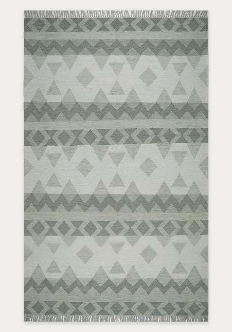 100% Wool Handmade Sage Green Rug | Bohemian Aztecs Flat Weave Reversible Carpet For Living Room