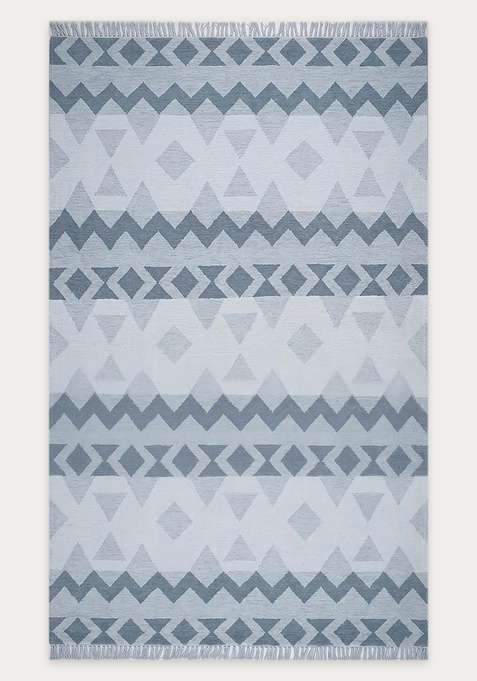 100% Wool Handmade Light Blue Grey Rug | Bohemian Aztecs Flat Weave Reversible Carpet For Living Room