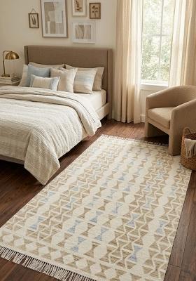 Saffron Rugs Flat Woven Ivory Cream Geometric Bohemian Rectangular Wool Area Rug