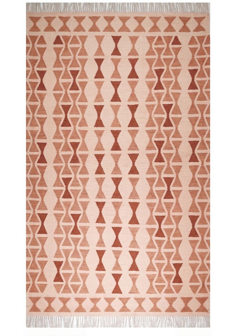 Saffron Rugs Flat Woven Terracotta Pink Geometric Bohemian Rectangular Wool Area Rug - Indya