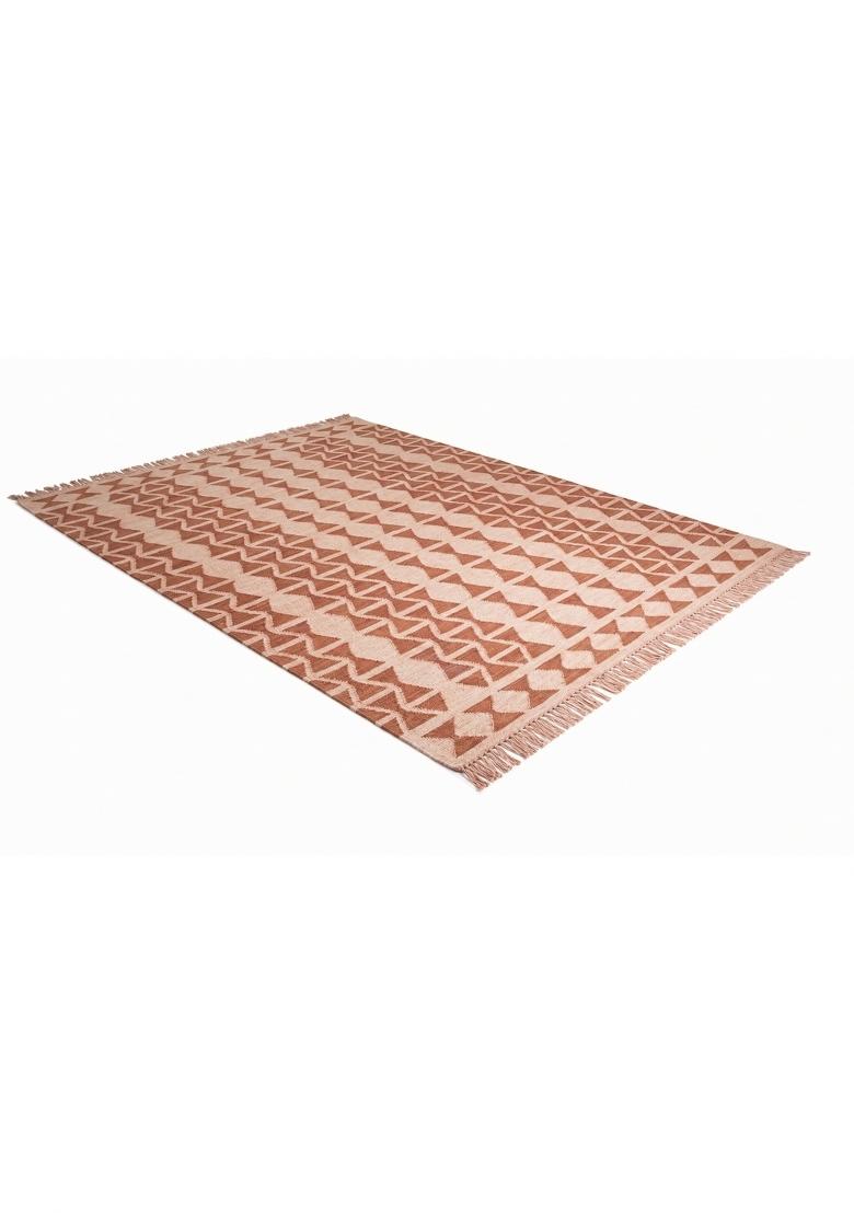 Saffron Rugs Flat Woven Terracotta Pink Geometric Bohemian Rectangular Wool Area Rug - Indya