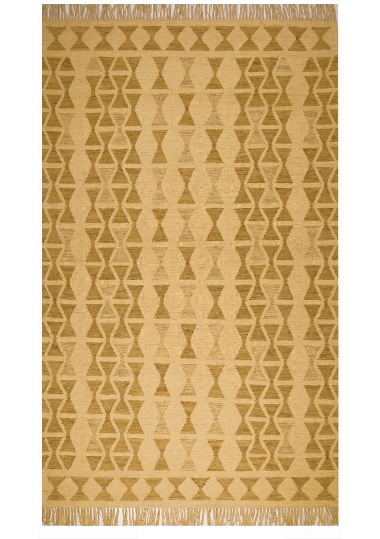 Saffron Rugs Flat Woven Golden Yellow Geometric Bohemian Rectangular Wool Area Rug - Indya