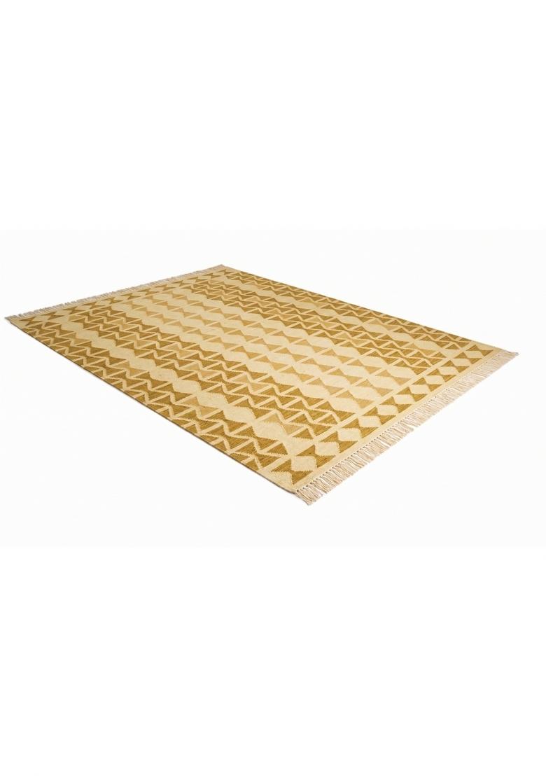 Saffron Rugs Flat Woven Golden Yellow Geometric Bohemian Rectangular Wool Area Rug - Indya