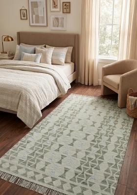 Saffron Rugs Flat Woven Sage Green Grey Geometric Bohemian Rectangular Wool Area Rug