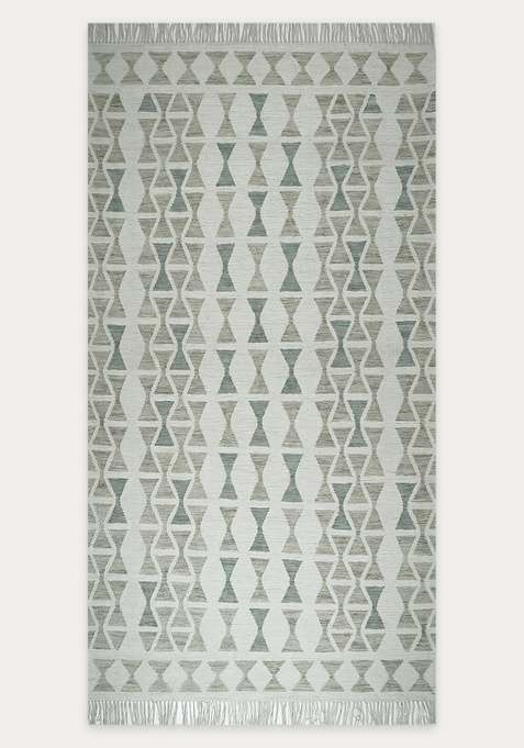 100% Wool Handmade Sage Green Grey Rug | Bohemian Geometric Flat Weave Reversible Carpet For Living Room