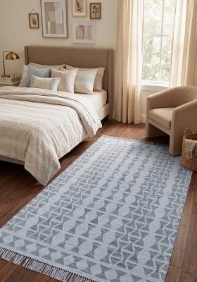 Saffron Rugs Flat Woven Light Blue Grey Geometric Bohemian Rectangular Wool Area Rug