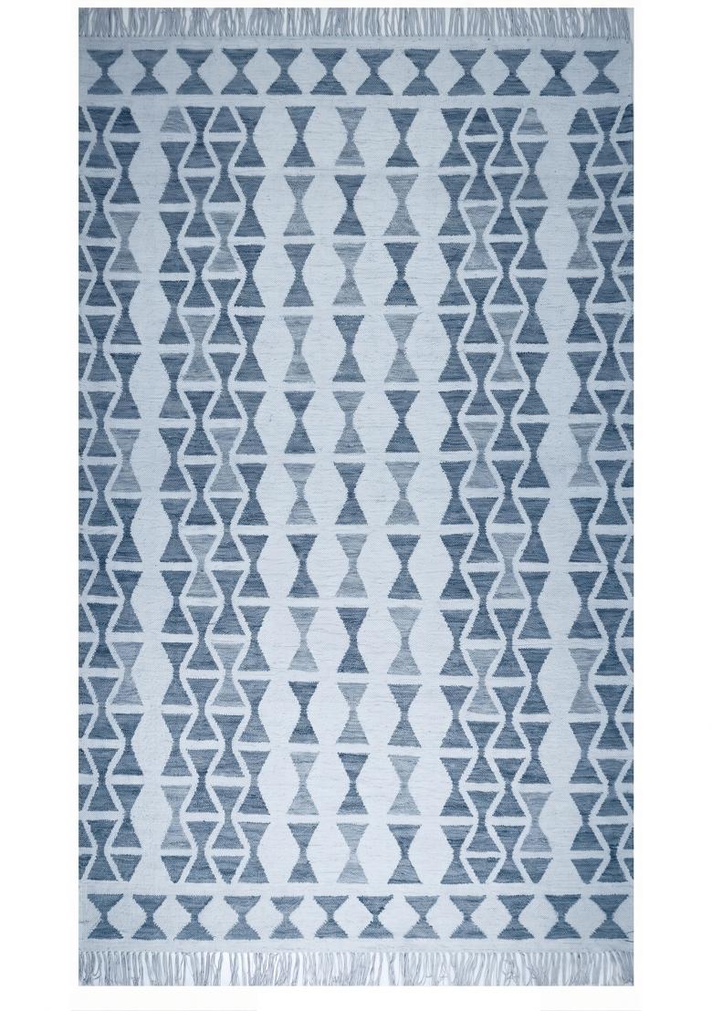 Saffron Rugs Flat Woven Light Blue Grey Geometric Bohemian Rectangular Wool Area Rug - Indya