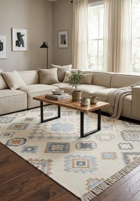 Saffron Rugs Flat Woven Ivory Cream Geometric Bohemian Rectangular Wool Area Rug