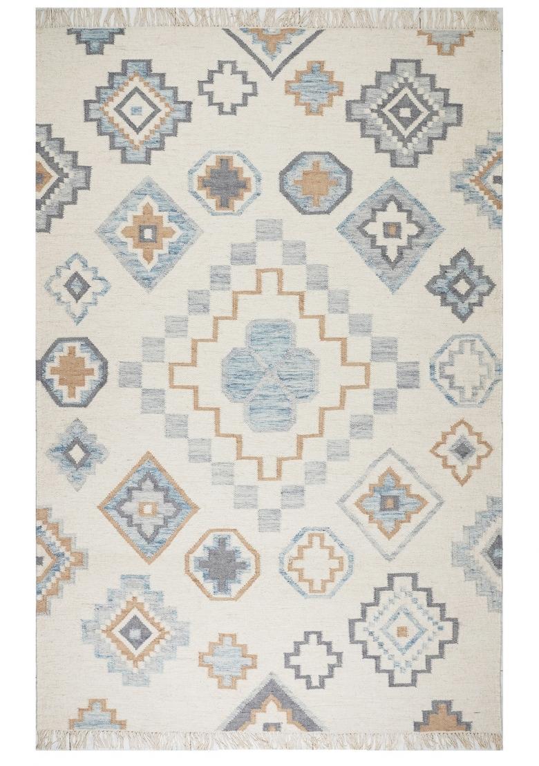 Saffron Rugs Flat Woven Ivory Cream Geometric Bohemian Rectangular Wool Area Rug - Indya