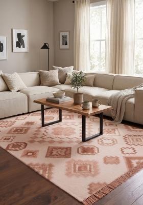 Saffron Rugs Flat Woven Blush Pink Geometric Bohemian Rectangular Wool Area Rug