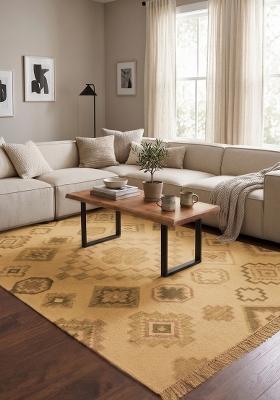 Saffron Rugs Flat Woven Golden Beige Geometric Bohemian Rectangular Wool Area Rug