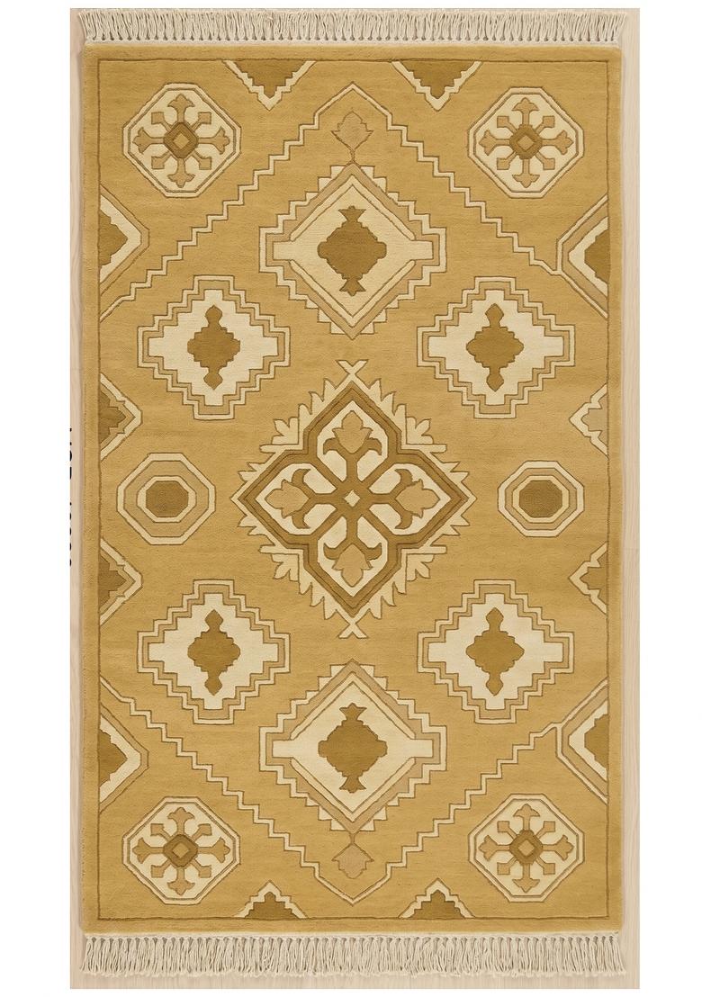 Saffron Rugs Flat Woven Golden Beige Geometric Bohemian Rectangular Wool Area Rug - Indya