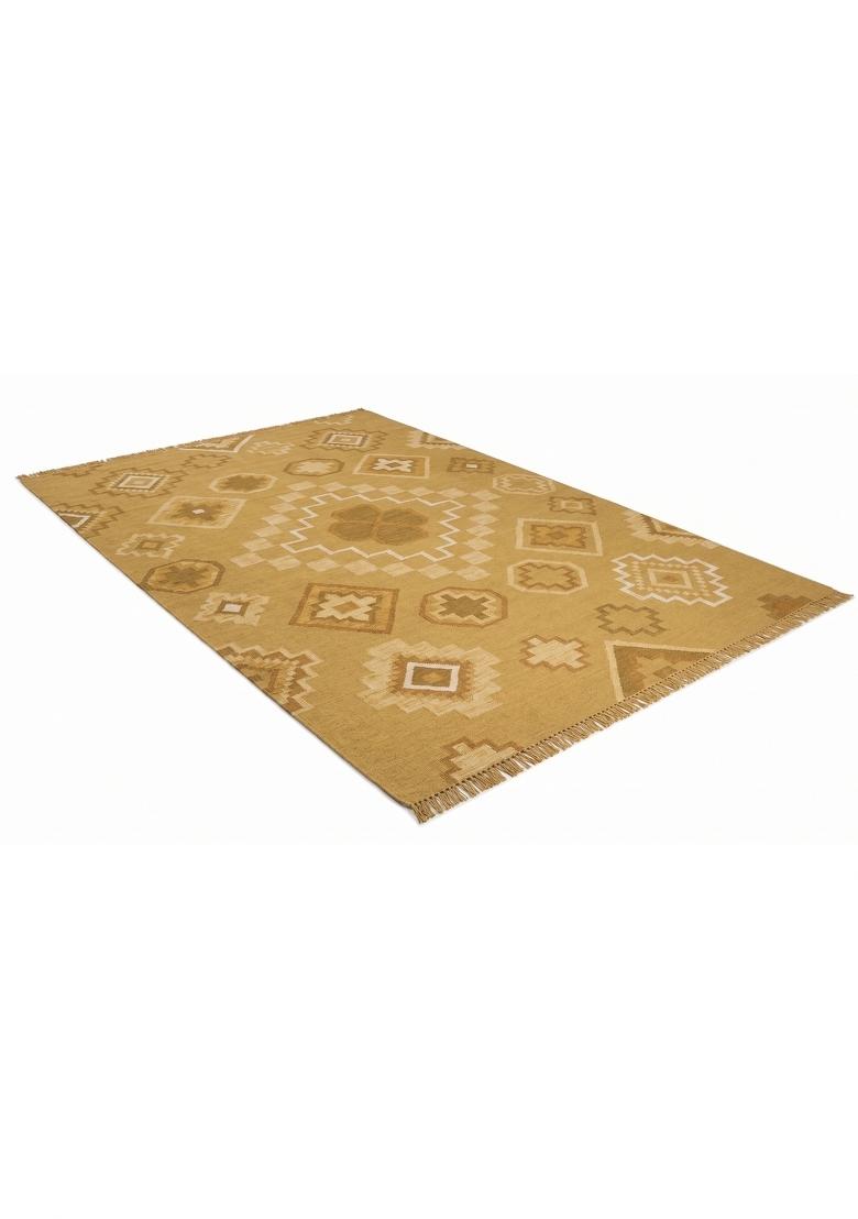 Saffron Rugs Flat Woven Golden Beige Geometric Bohemian Rectangular Wool Area Rug - Indya