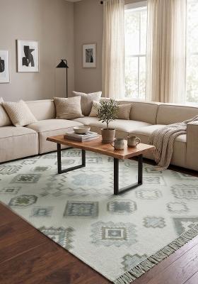 Saffron Rugs Flat Woven Sage Green Geometric Bohemian Rectangular Wool Area Rug