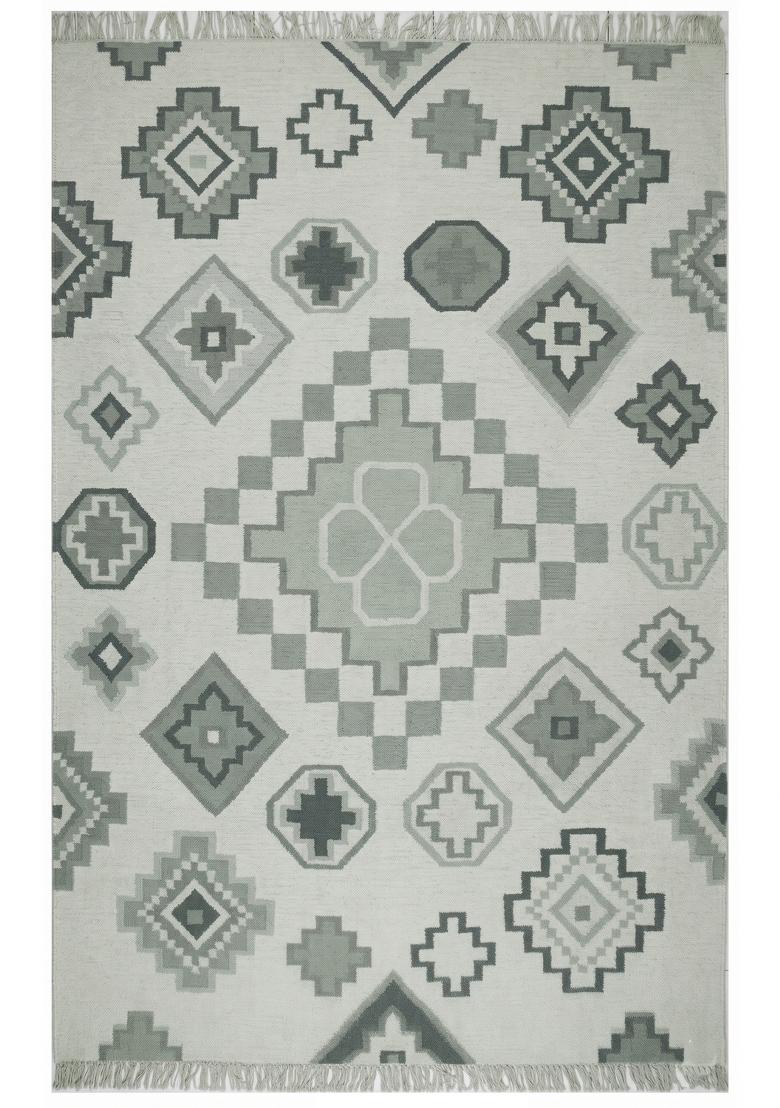 Saffron Rugs Flat Woven Sage Green Geometric Bohemian Rectangular Wool Area Rug - Indya