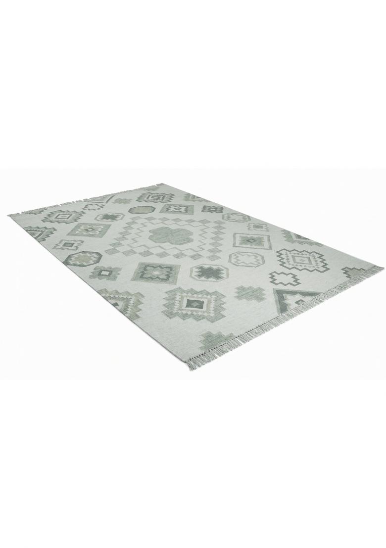 Saffron Rugs Flat Woven Sage Green Geometric Bohemian Rectangular Wool Area Rug - Indya