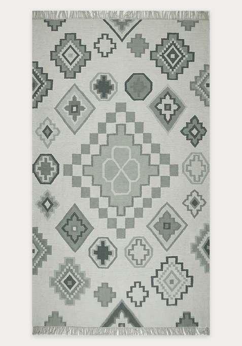 100% Wool Handmade Sage Green Rug | Bohemian Geometric Flat Weave Reversible Carpet For Living Room