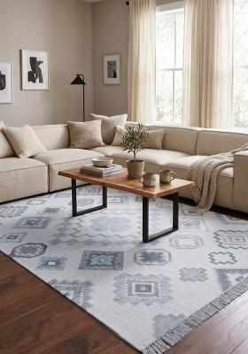 Saffron Rugs Flat Woven Light Blue Grey Geometric Bohemian Rectangular Wool Area Rug