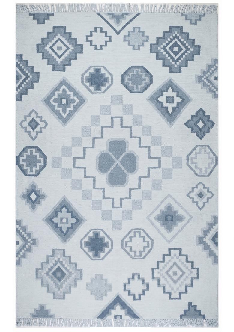 Saffron Rugs Flat Woven Light Blue Grey Geometric Bohemian Rectangular Wool Area Rug - Indya