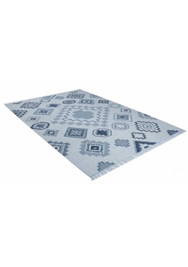 Saffron Rugs Flat Woven Light Blue Grey Geometric Bohemian Rectangular Wool Area Rug - Indya
