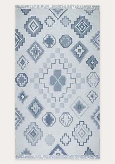 100% Wool Handmade Light Blue Grey Rug | Bohemian Geometric Flat Weave Reversible Carpet For Living Room