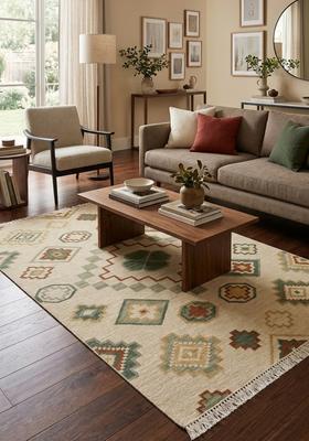 Saffron Rugs Flat Woven Beige  Bohemian Rectangular Wool Area Rug