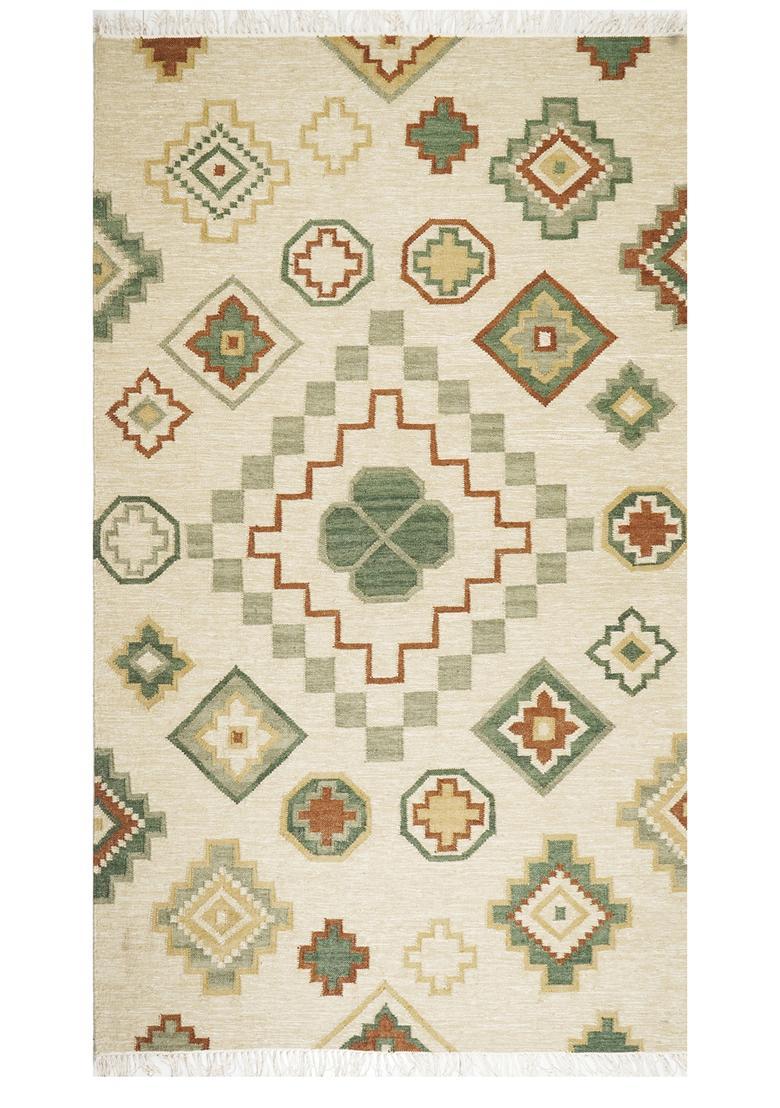 Saffron Rugs Flat Woven Beige  Bohemian Rectangular Wool Area Rug - Indya