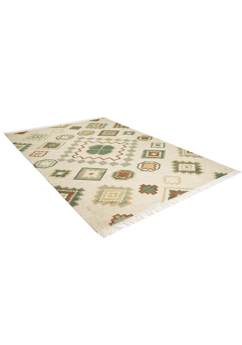 Saffron Rugs Flat Woven Beige  Bohemian Rectangular Wool Area Rug - Indya