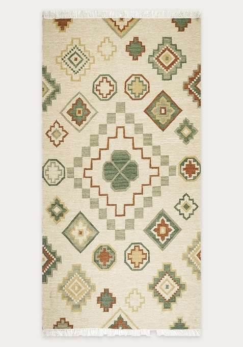 100% Wool Handmade Beige Rug | Bohemian Aztecs Flat Weave Reversible Carpet For Living Room