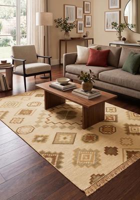 Saffron Rugs Flat Woven Cream  Bohemian Rectangular Wool Area Rug