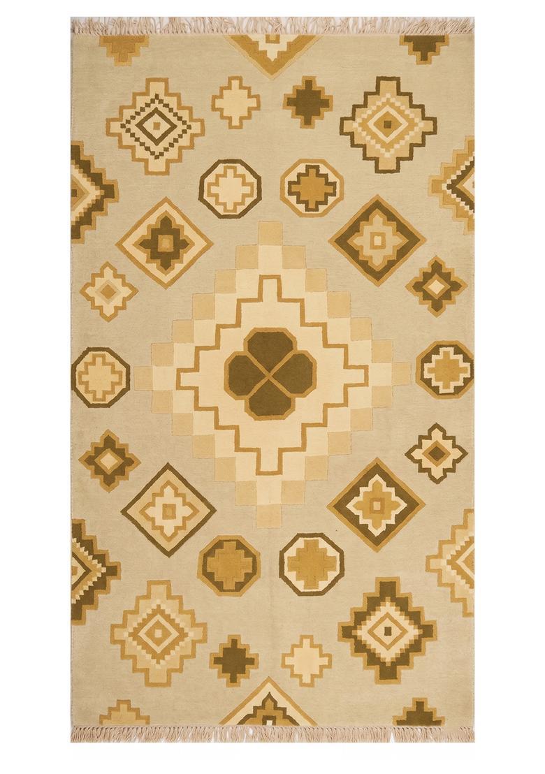 Saffron Rugs Flat Woven Cream  Bohemian Rectangular Wool Area Rug - Indya