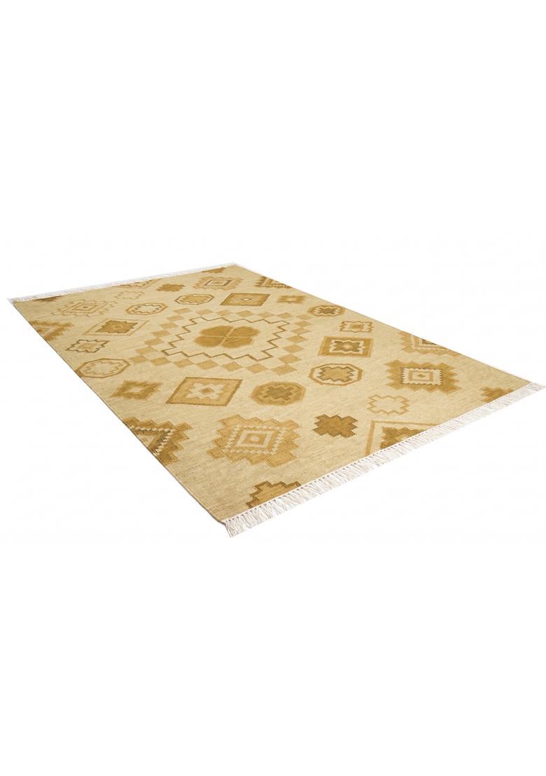 Saffron Rugs Flat Woven Cream  Bohemian Rectangular Wool Area Rug - Indya