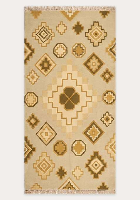 100% Wool Handmade Cream Rug | Bohemian Aztecs Flat Weave Reversible Carpet For Living Room