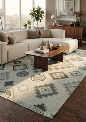 Saffron Rugs Flat Woven Sage Green  Bohemian Rectangular Wool Area Rug