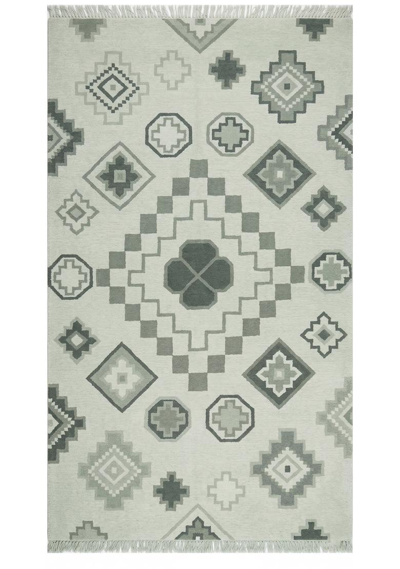 Saffron Rugs Flat Woven Sage Green  Bohemian Rectangular Wool Area Rug - Indya